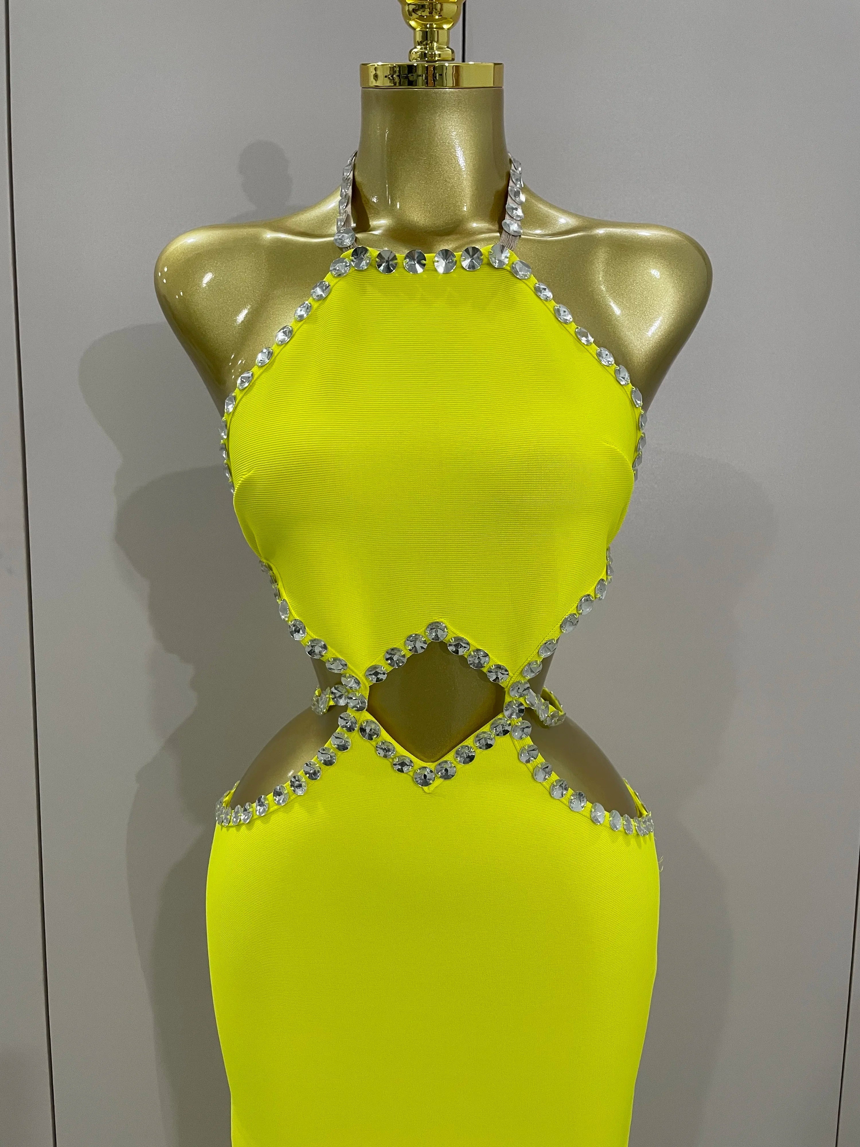 Luxury Sexy Backless Halter Beading Maxi Long Lemon Yellow Bandage Dress  Women Elegant Evening Club Birthday Party Dress