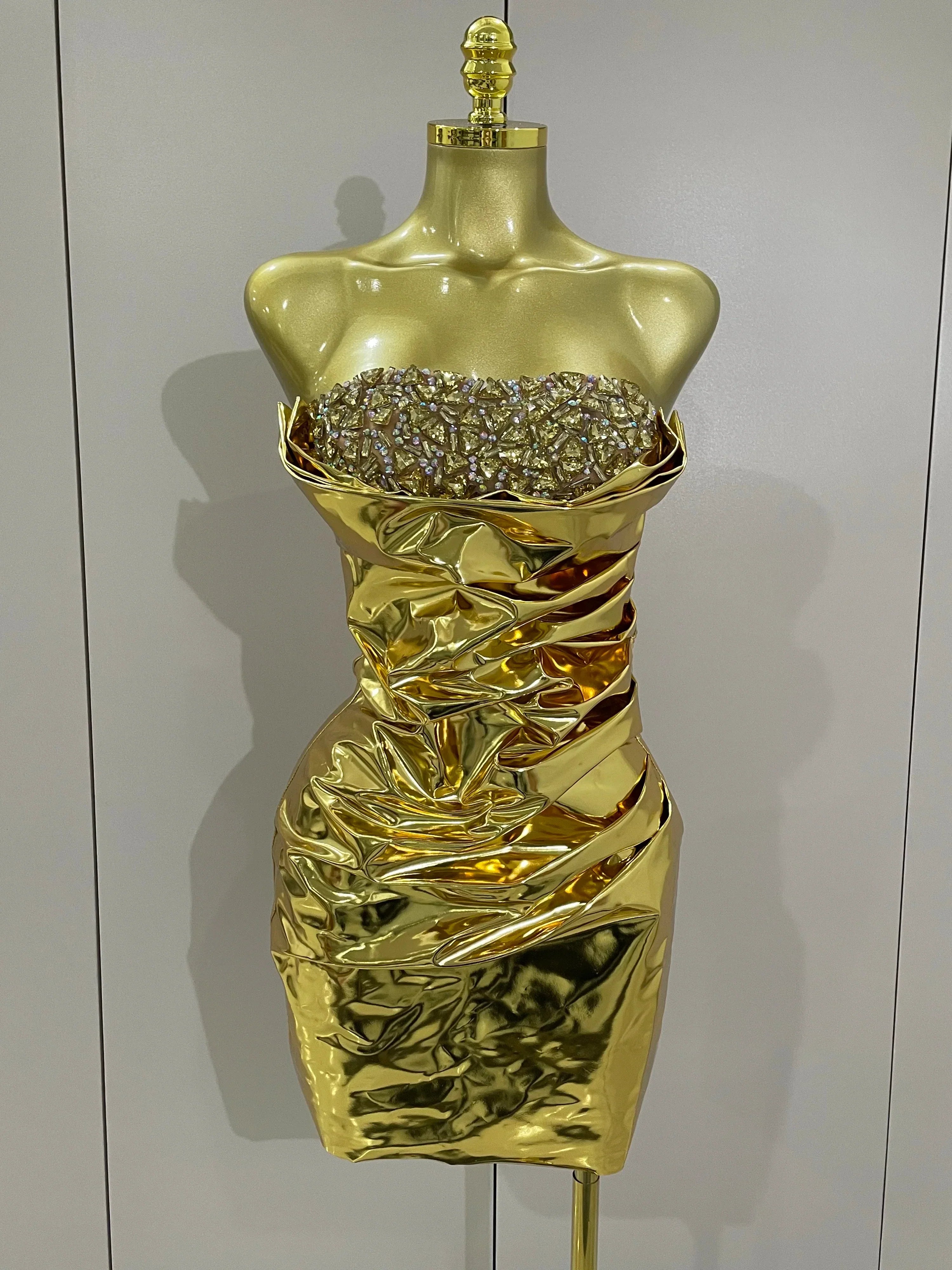 Sparkly Diamonds Crystal Sexy Mesh See Through Bodycon Mini Dress Women Birthday Party Celebrate Performance Costume Gold