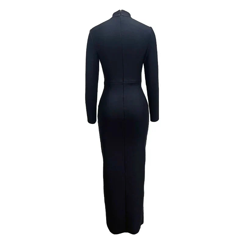 Black Color Women Long Sleeve Shinning Crystal Bodycon Bandage Long Dress Fashion Evening Party Celebrate Dress