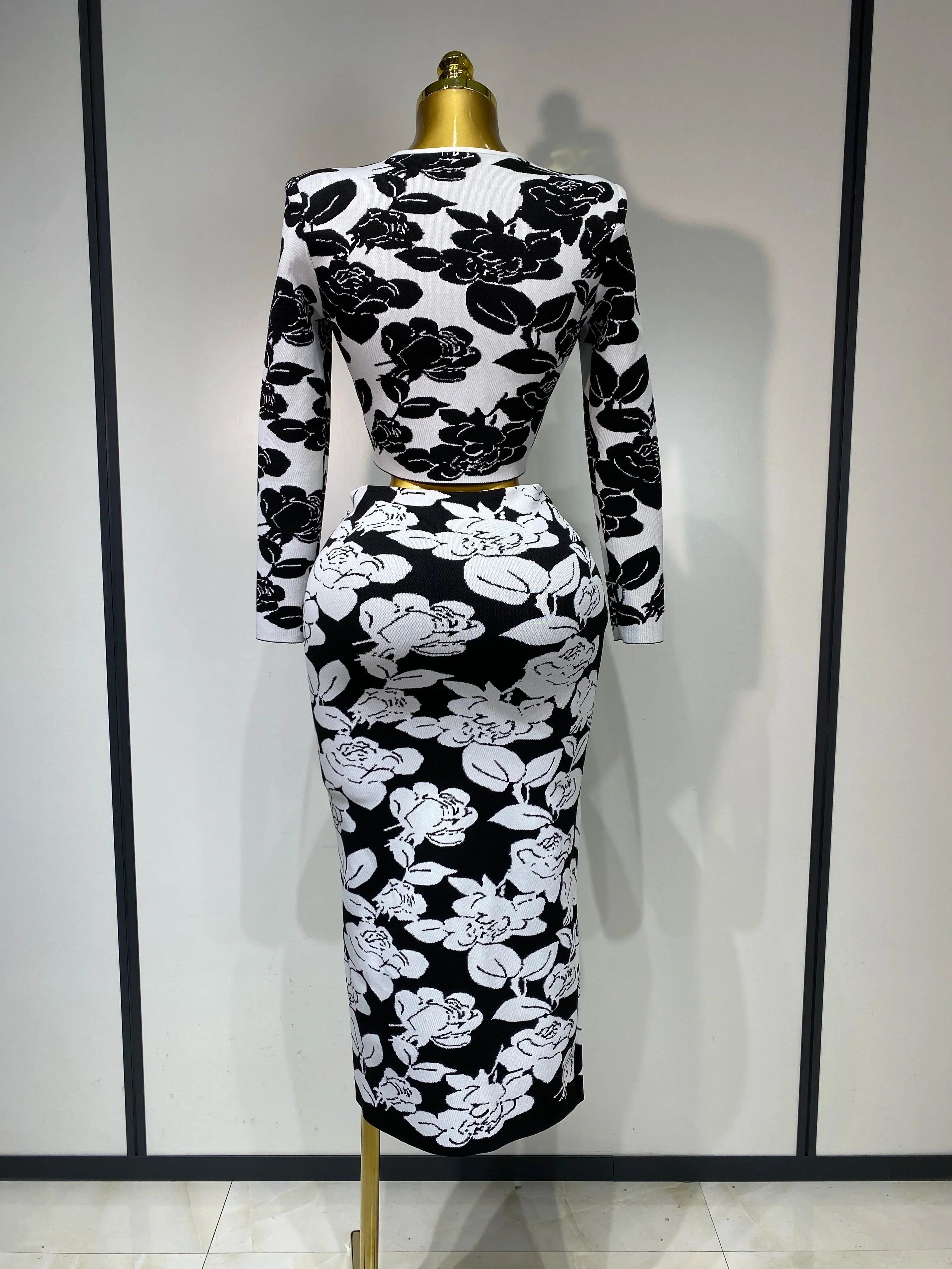 Women Long Sleeve Jacquard Weave Two Pieces Set Celebrity Red Carpet Dress Birthday Bodycon Bandage Women's Set