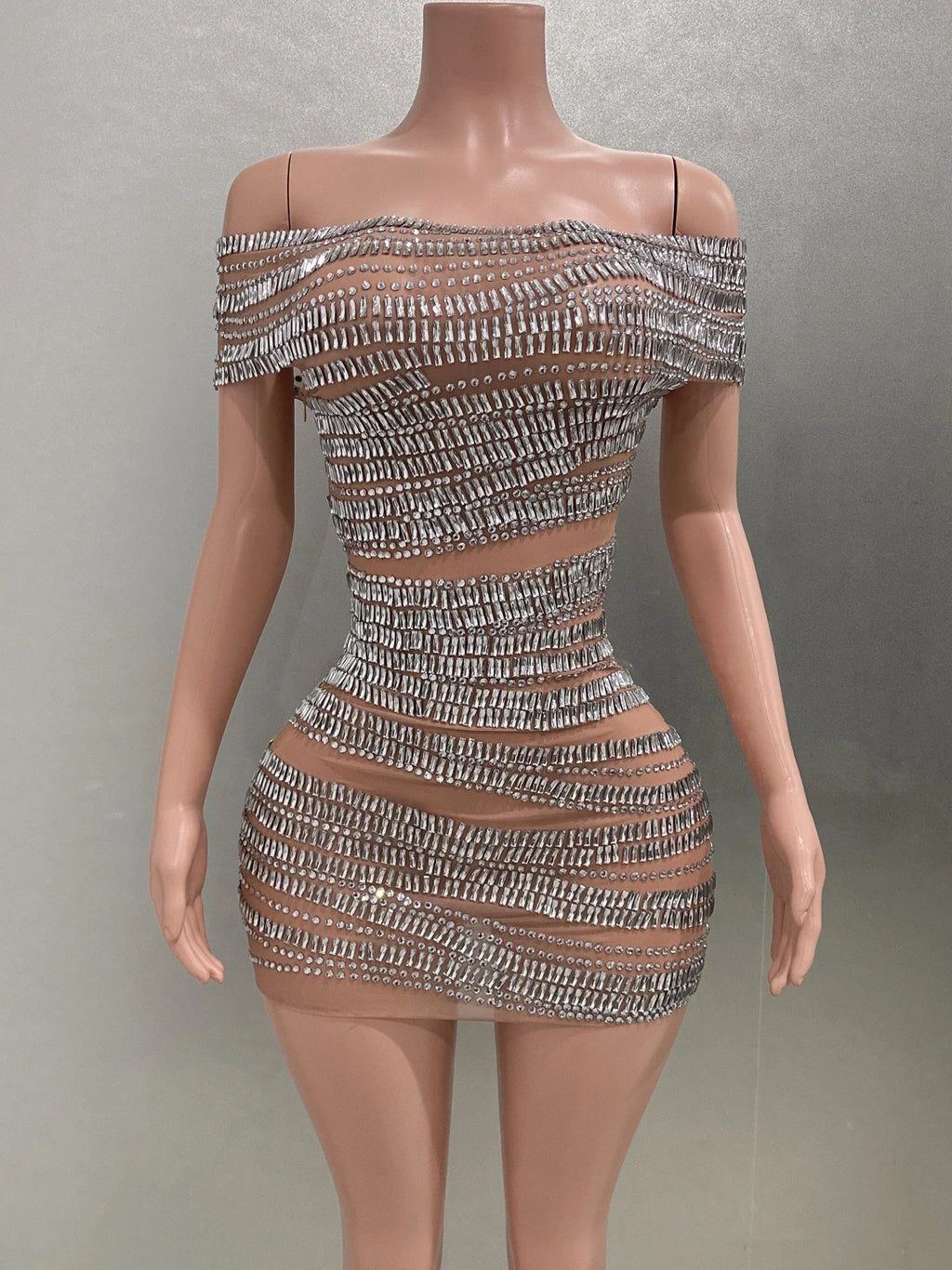 Sparkly Rhinestones Women Sexy Mesh Slash Neck Bodycon Mini Dress Celebrate Birthday Party Photo Shoot Dress Stage Wear Silver