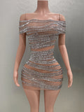 Sparkly Rhinestones Women Sexy Mesh Slash Neck Bodycon Mini Dress Celebrate Birthday Party Photo Shoot Dress Stage Wear Silver