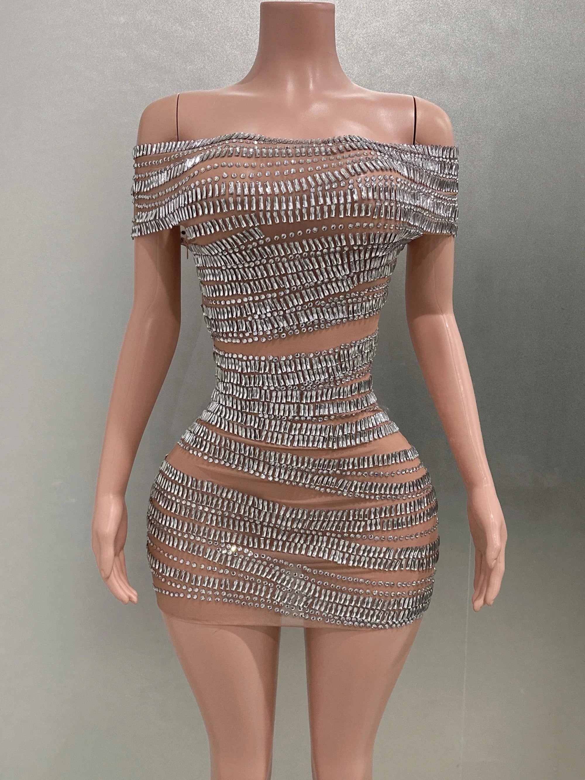 Sparkly Rhinestones Women Sexy Mesh Slash Neck Bodycon Mini Dress Celebrate Birthday Party Photo Shoot Dress Stage Wear Silver