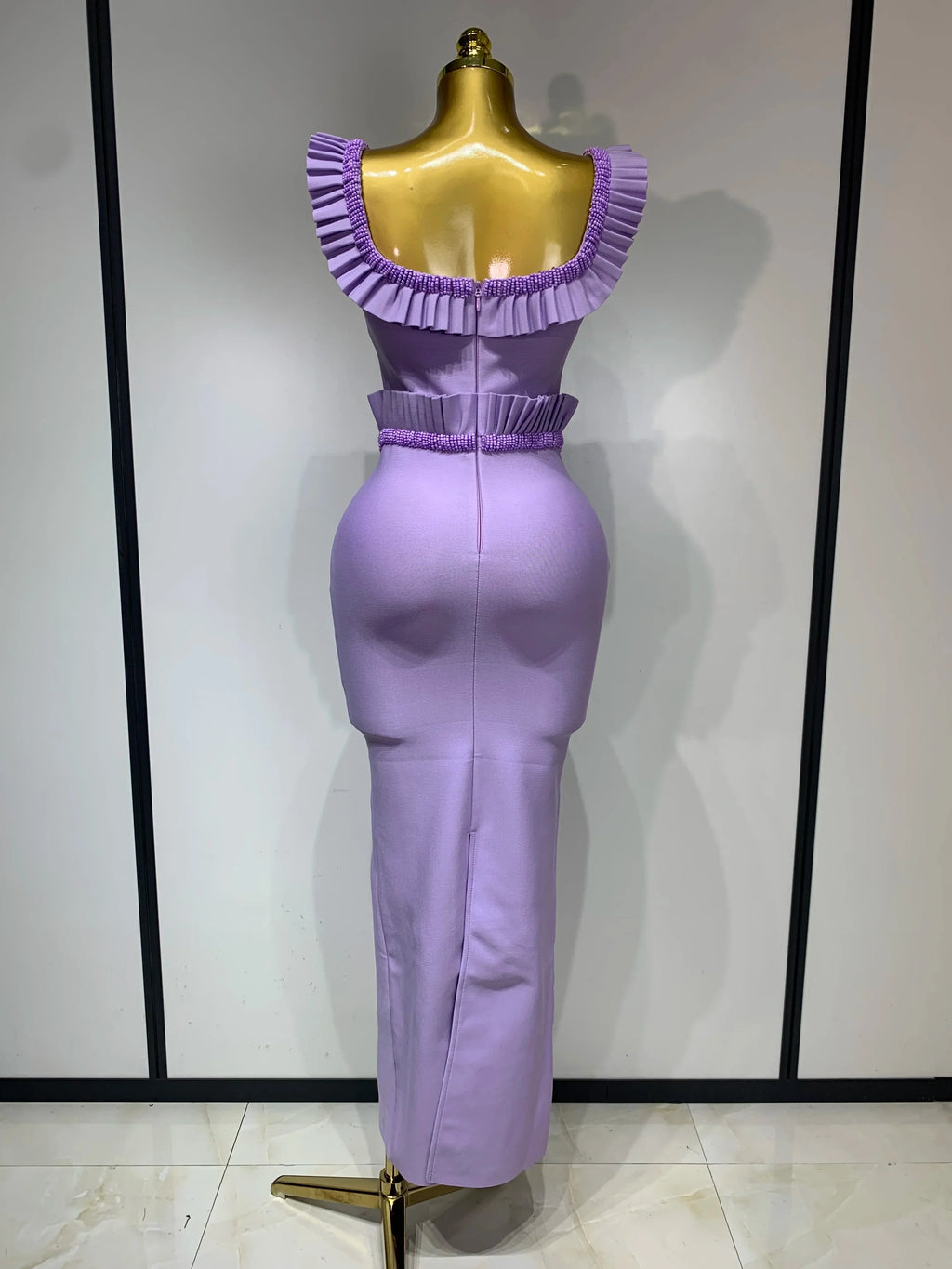 Women Sexy Square Collar Ruffles Beading Long Bodycon Bandage Dress Celebrity Elegant Evening Club Party Birthday Dress
