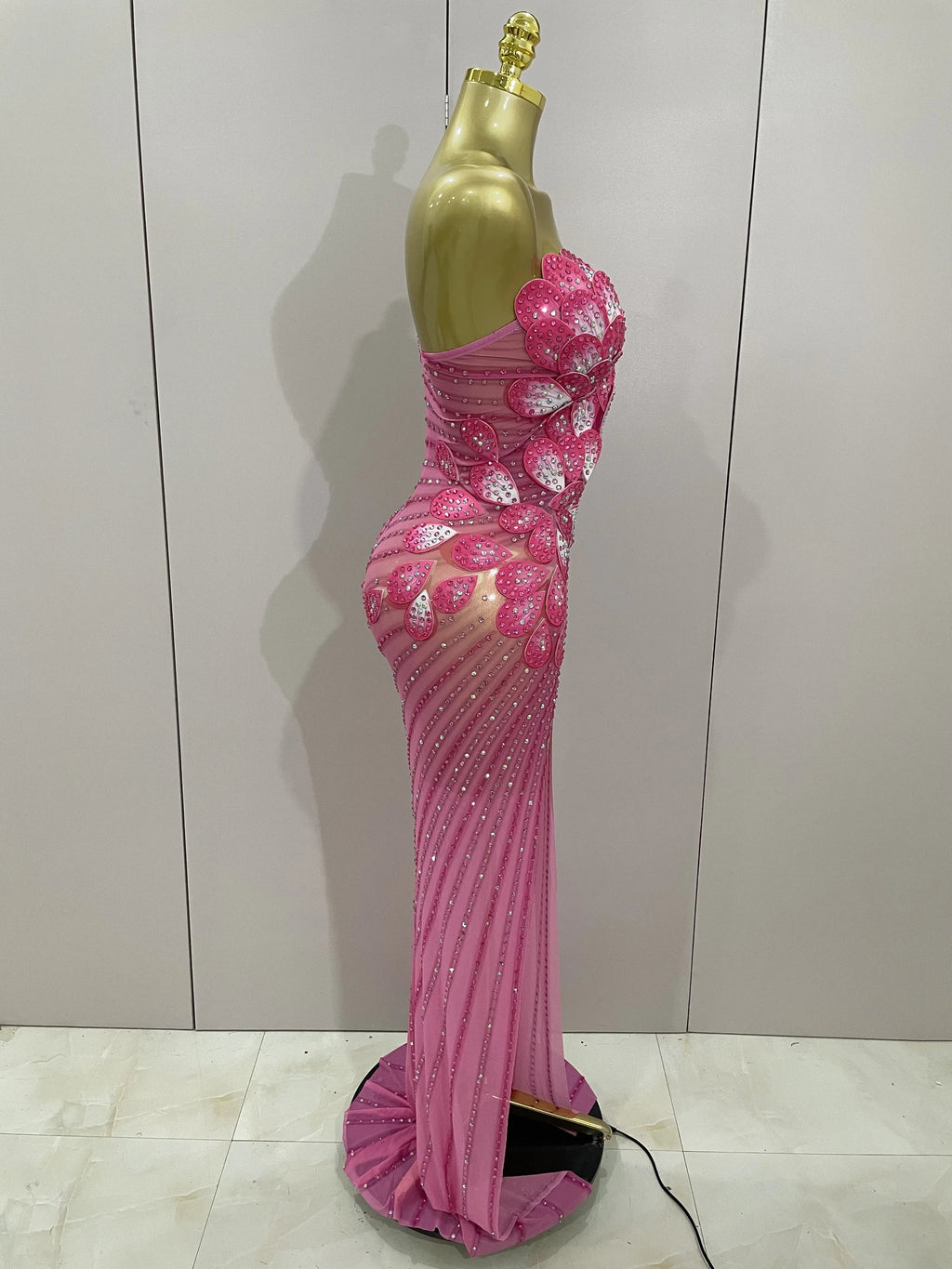 Luxury Shinning Rhinestones Flowers Sexy One Shoulder Bodycon Maxi Long Dress  Women Evening Birthday Party Stage Costume