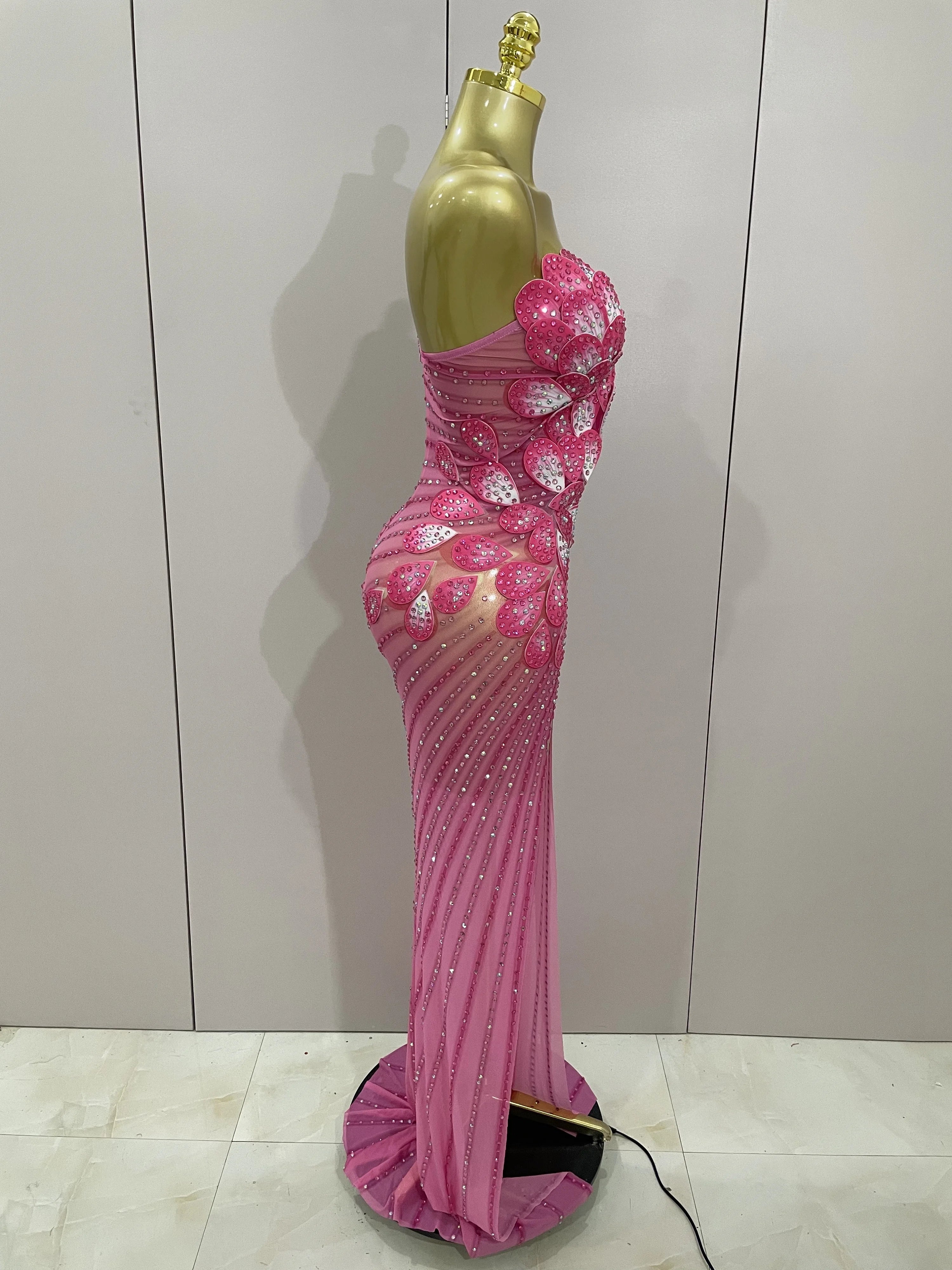 Luxury Shinning Rhinestones Flowers Sexy One Shoulder Bodycon Maxi Long Dress  Women Evening Birthday Party Stage Costume