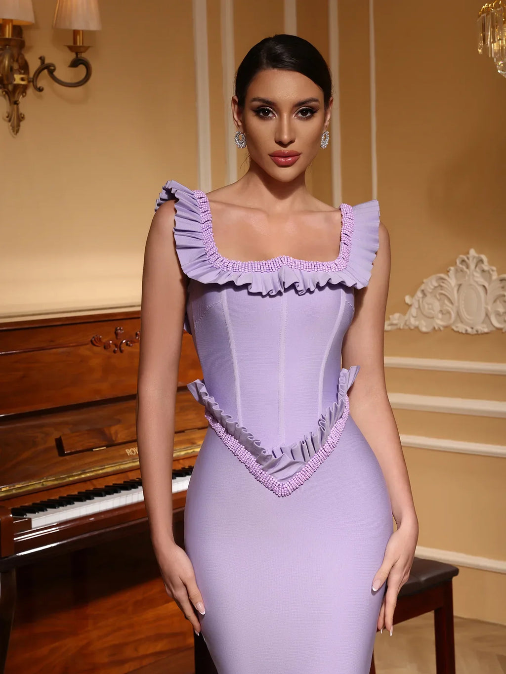 Women Celebrity Sexy O Neck Ruffles Purple Beading Maxi Long Bodycon Bandage Dress Elegant Evening Club Party Dress Lavender