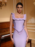 Women Celebrity Sexy O Neck Ruffles Purple Beading Maxi Long Bodycon Bandage Dress Elegant Evening Club Party Dress Lavender