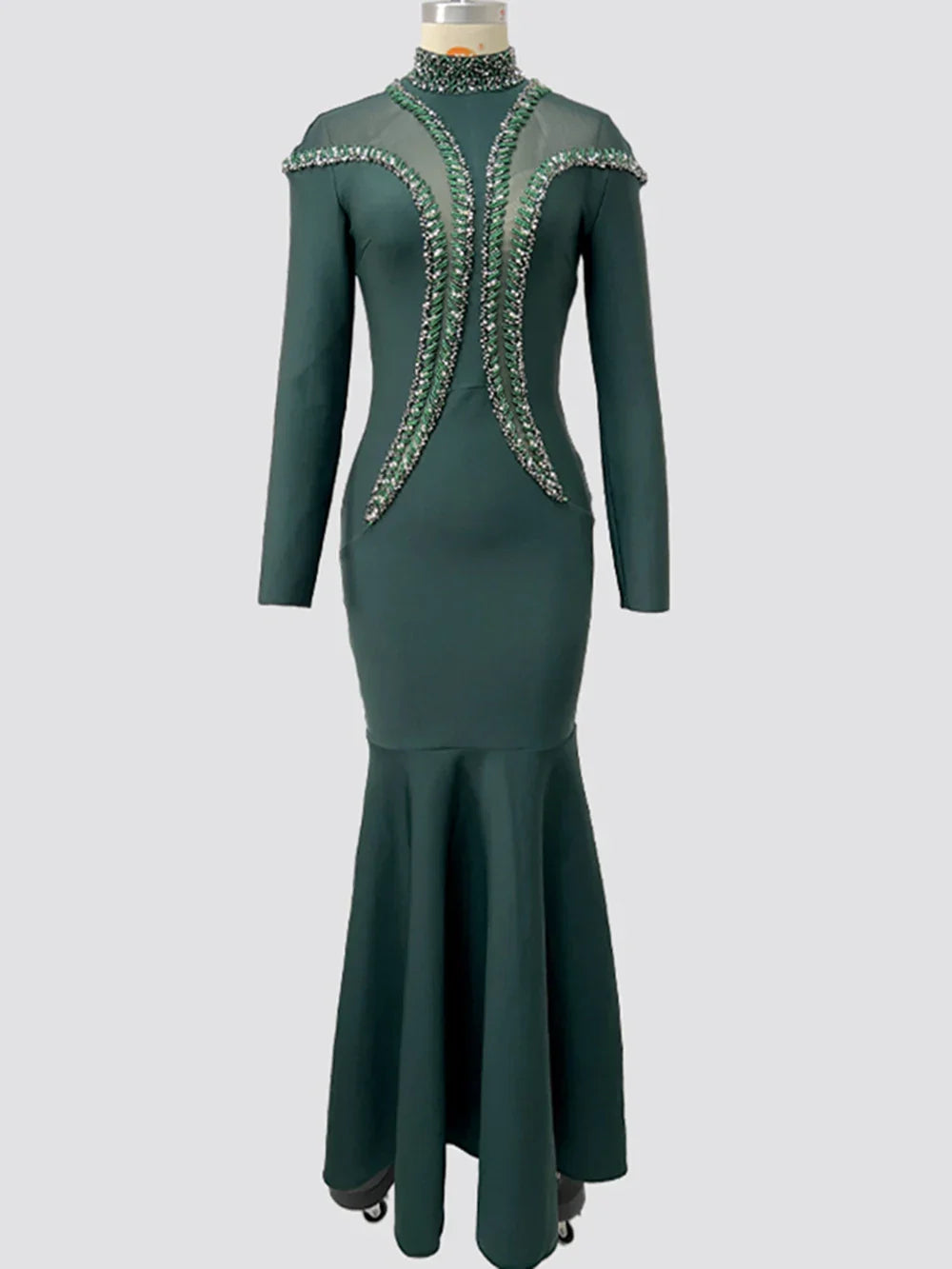Newest Fashion Designer Party Vestido Women'S Diamonds Mesh Long Sleeves Bodycon Mermaid Long Maxi Dress