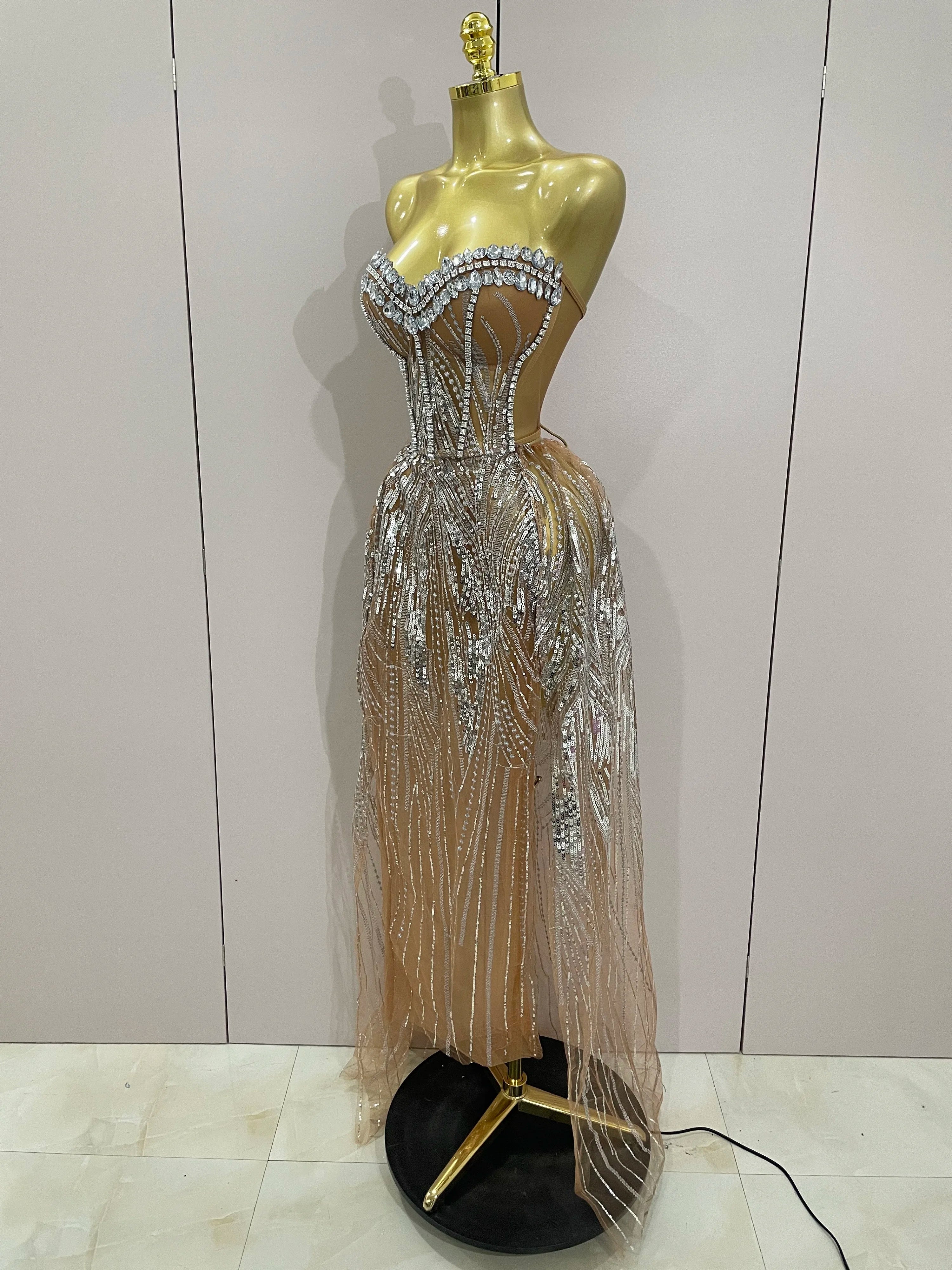 Sparkly Rhinestone Sequins Sexy Strapless See-Through Long Dress Women Evening Birthday Party Dress Nightclub Stage Costume