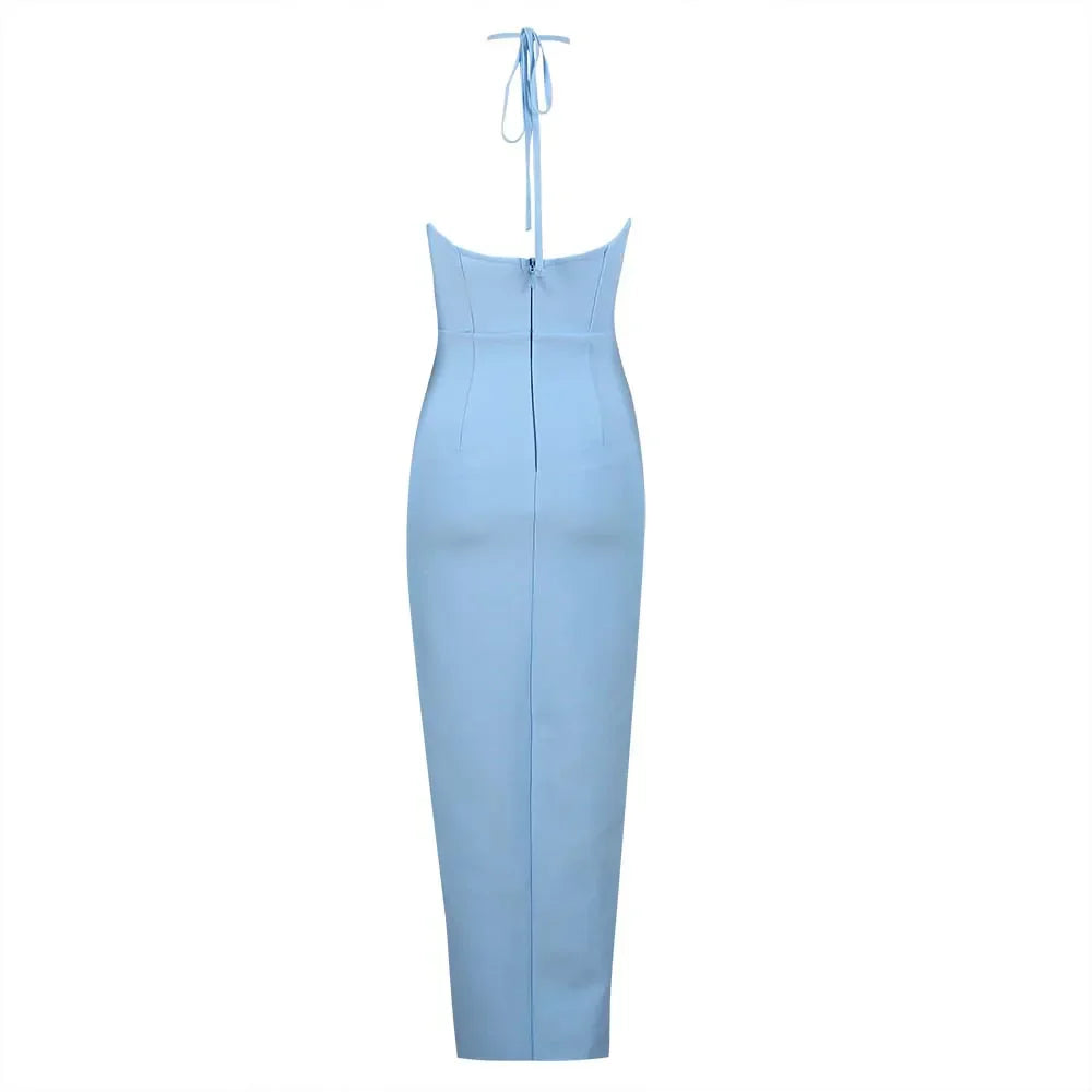 Black Skyblue Color Women Sexy Halter Off the Shoulder Bodycon Mid-calf Bandage Dress Fashion Nightclub Party Celebrate Dress