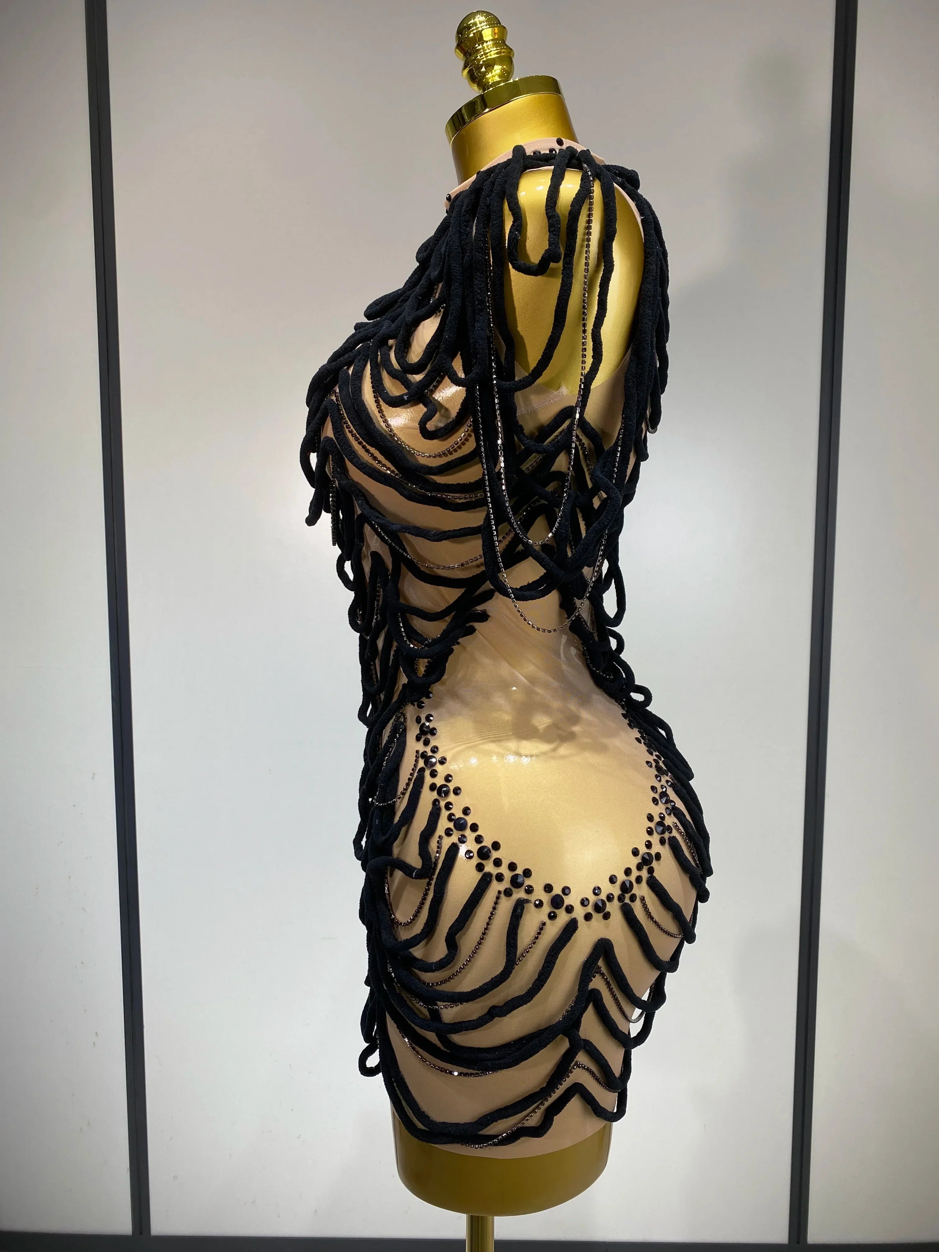 Women Sexy Fashion Short Dress Mesh Designer Rhinestones Chain Stage Costume Nightclub Celebrate Party Performance Outfit