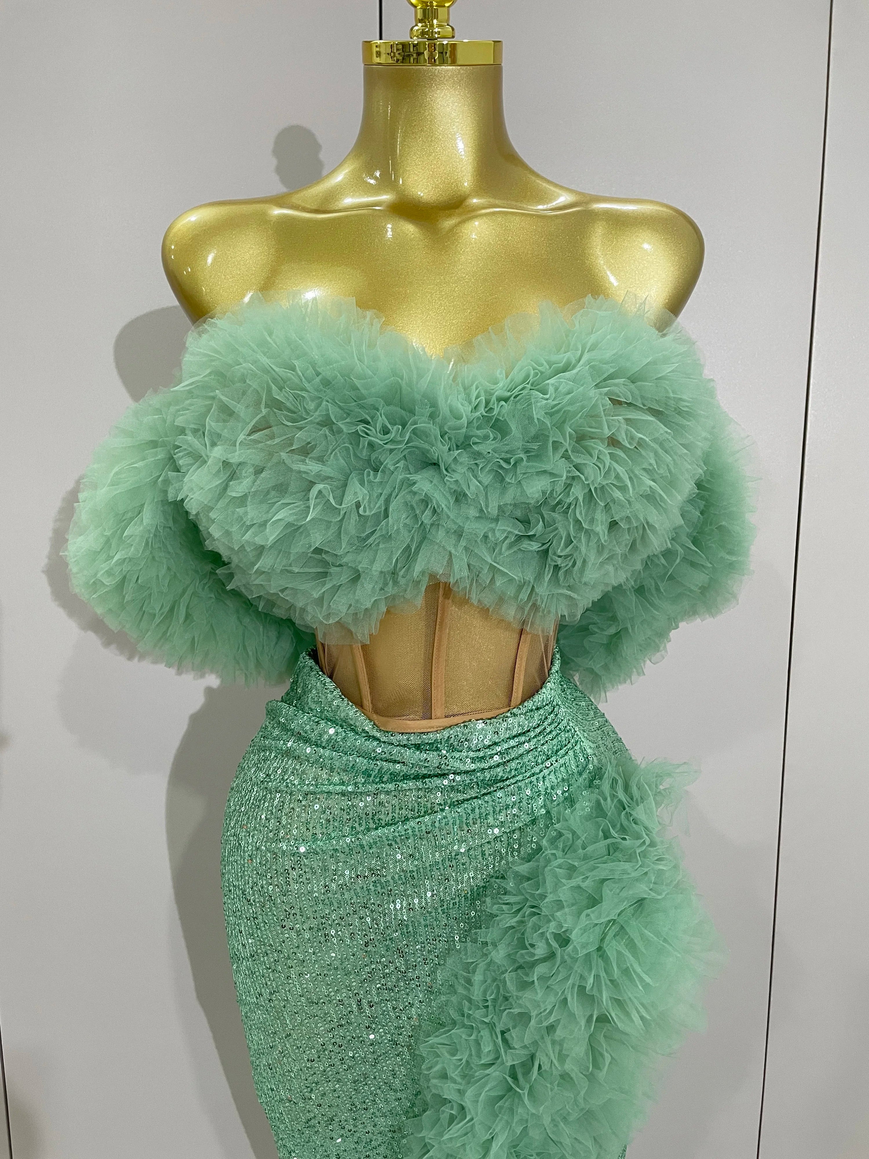Shiny Sequins Top Short Skirt Two Pieces Set  Women Sexy Celebrate Evening Prom Birthday Party Dress Nightclub Stage Outfit
