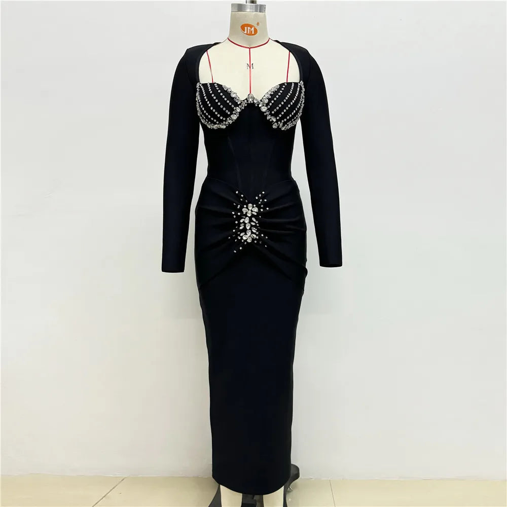 Black Color Women Long Sleeve Square Collar Shinning Crystal Bodycon Bandage Long Dress Celebrate Evening Party Prom Dress