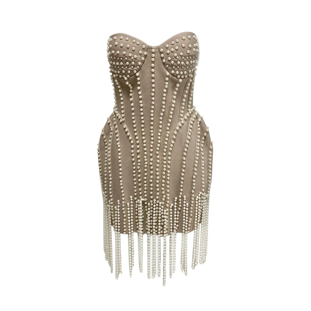 Exquisite Pearl Beading Strapless Khaki Color Bandage Mini Dress Fashion Woman Birthday Party Vestido Evening Party Outfit Khaki