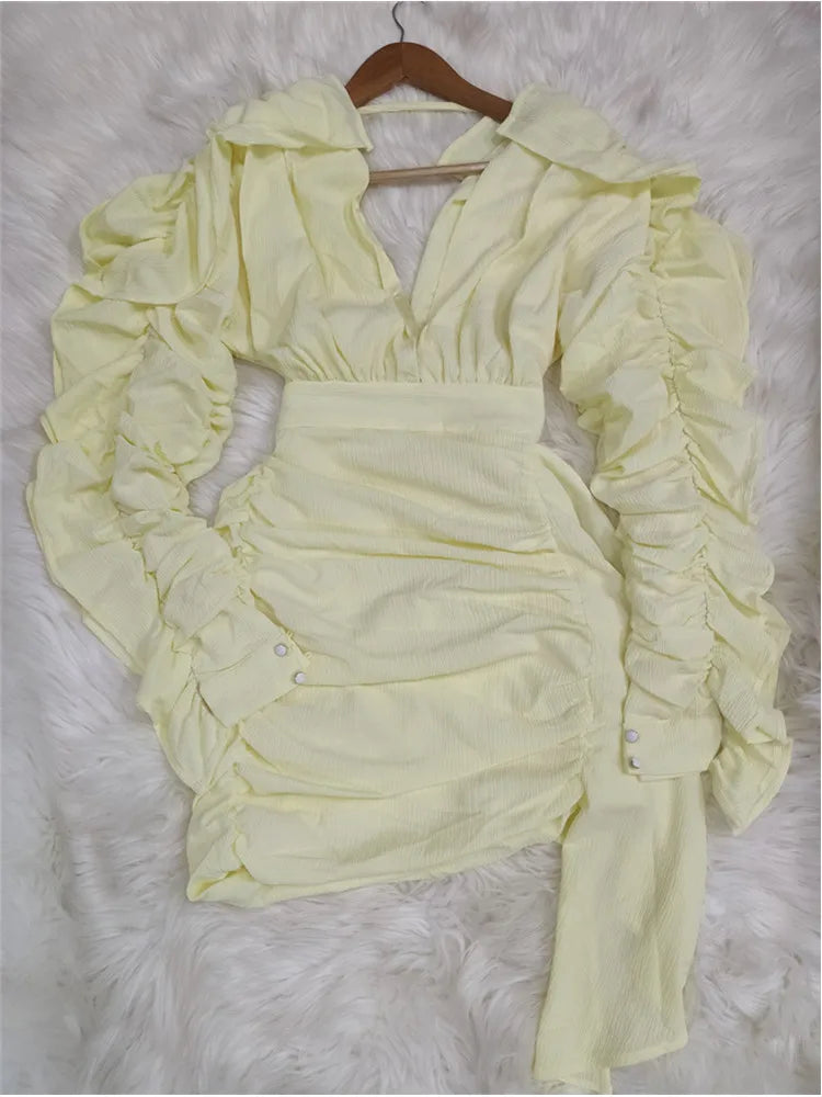 New Yellow Green Women Butterfly Sleeve Sexy Deep V-Neck Bodycon Mini Dress Fashion Nightclub Party Dress
