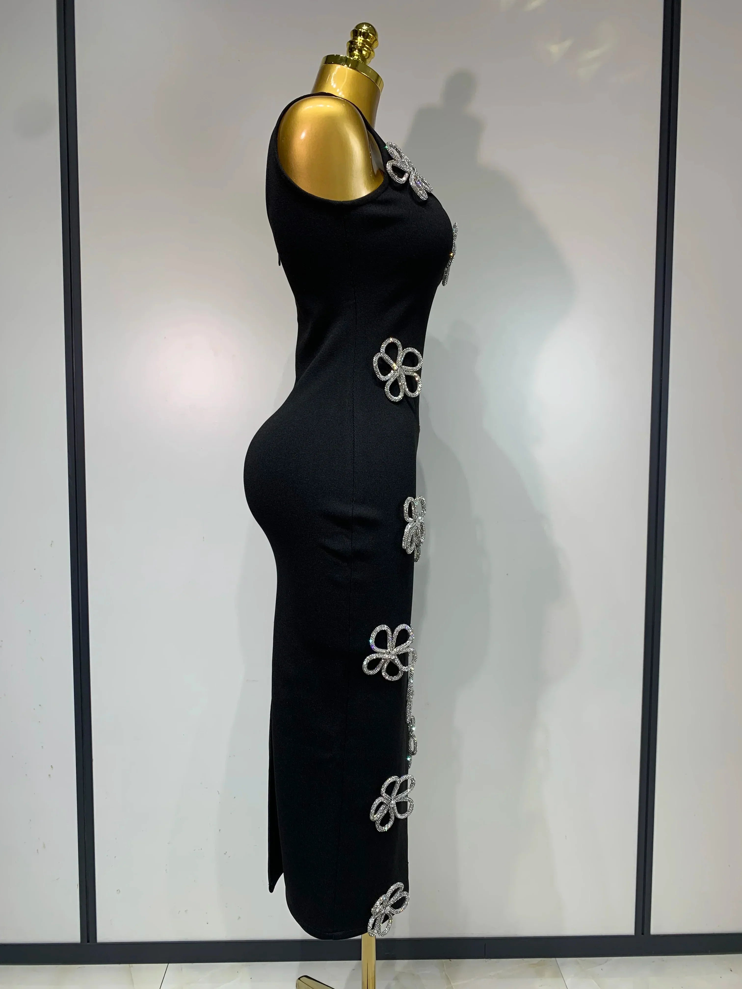 Women Celebrity Sexy Diamonds Flower Black Long Bodycon Bandage Dress  Elegant Evening Club Party Luxury Birthday Dresses