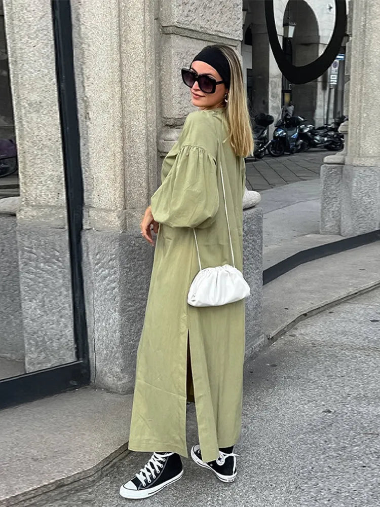 Casual Street Lace Up Long Dresses Women Chic Loose V neck Side Slit Solid Dress Female Summer Versatiel Street Party Robes