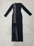 2024 Sexy Women Heavy Industry Chain Drawstring Bandage Dress O-neck Long Sleeve Bodycon Midi Split Dress Evening Party Vestidos black