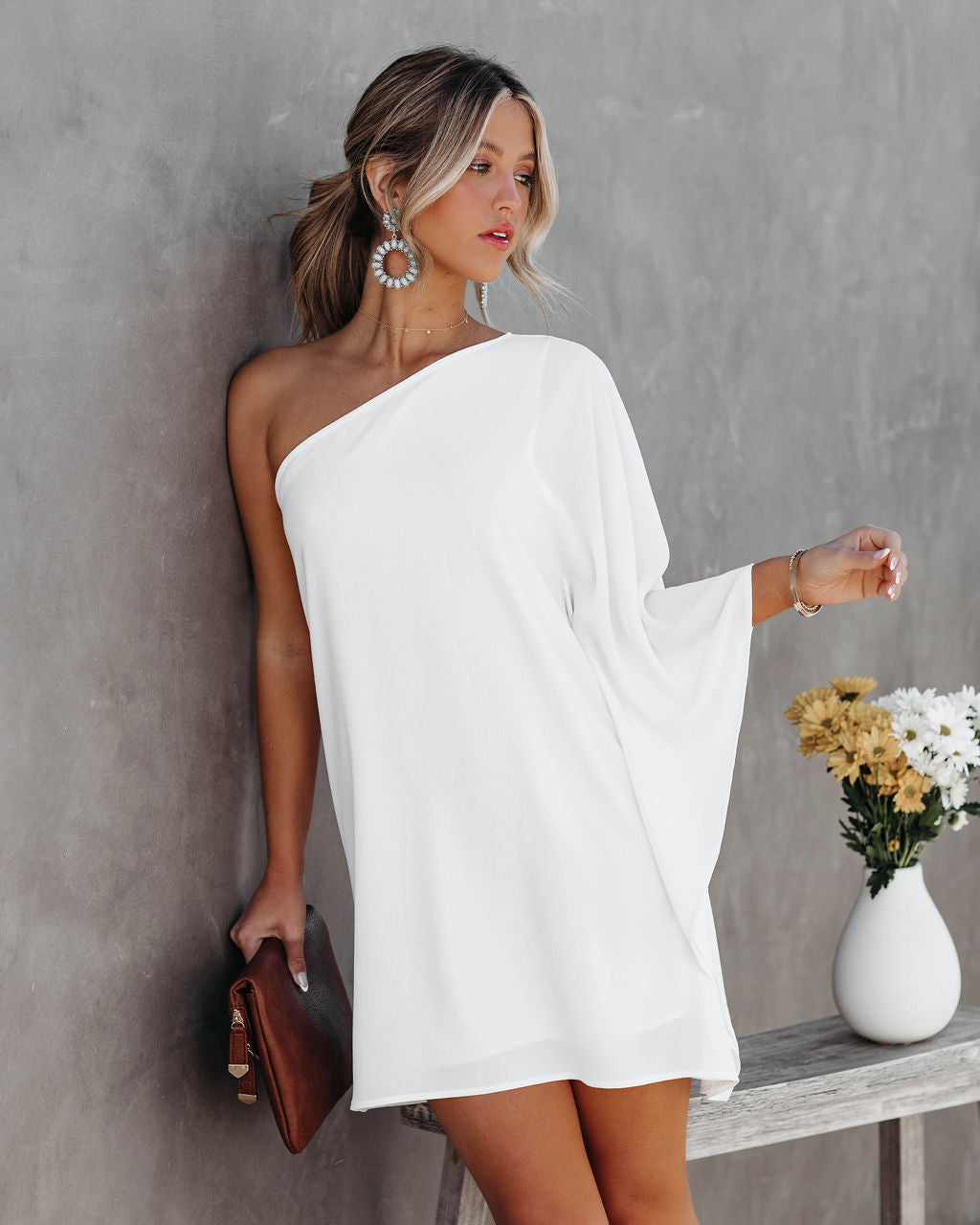 Side To Side One Shoulder Statement Dress White
