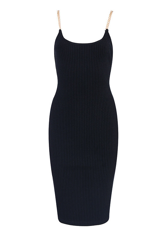 Solid Chain Sleeveless Ribbed Bandage Dress - Mislish