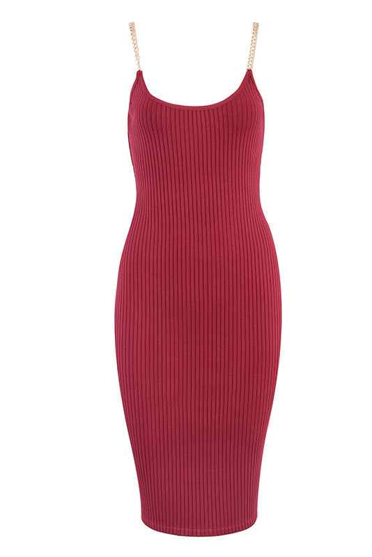 Solid Chain Sleeveless Ribbed Bandage Dress - Mislish