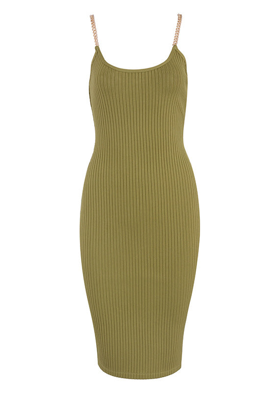 Solid Chain Sleeveless Ribbed Bandage Dress - Mislish