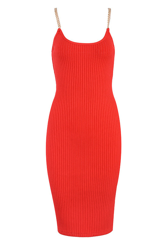 Solid Chain Sleeveless Ribbed Bandage Dress - Mislish