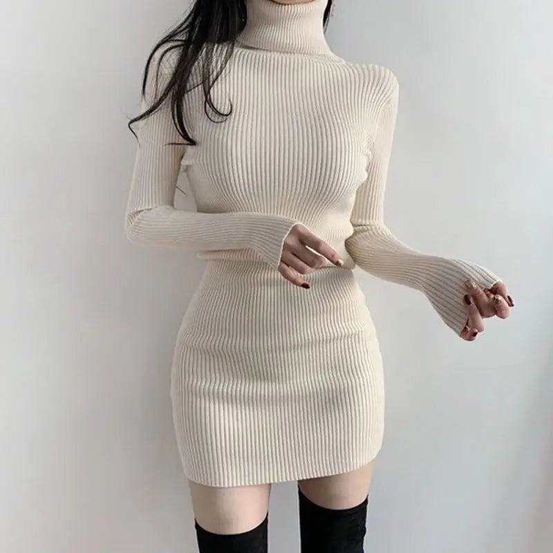 Solid Cotton Korean Fashion Knit Clothing Women Bodycon Dress