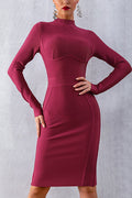 Solid High Neck Bandage Dress With Long Sleeves - Mislish