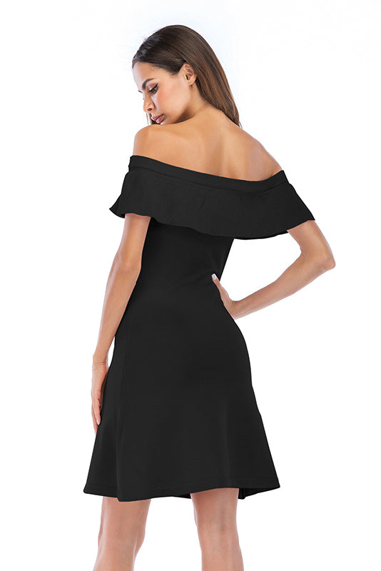 Solid Off-the-shoulder Ruffled Trim Fitted Dress