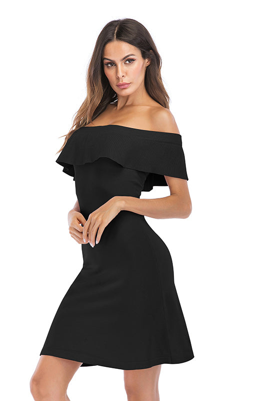Solid Off-the-shoulder Ruffled Trim Fitted Dress