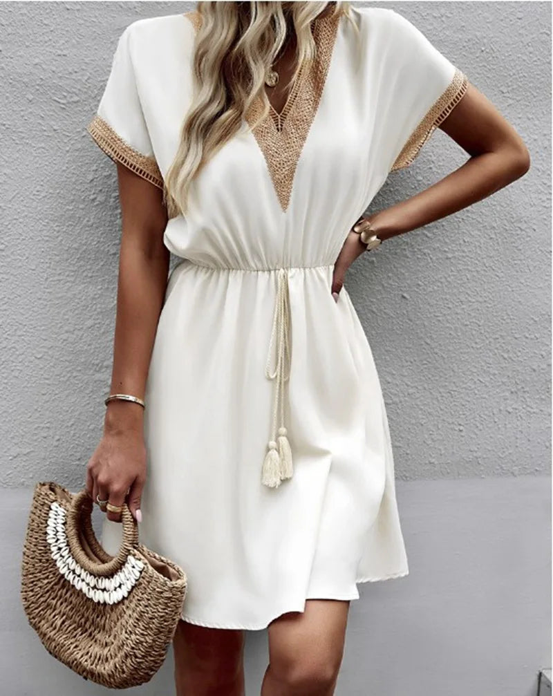 Lace VNeck Panel Short Sleeve Midi Dress
