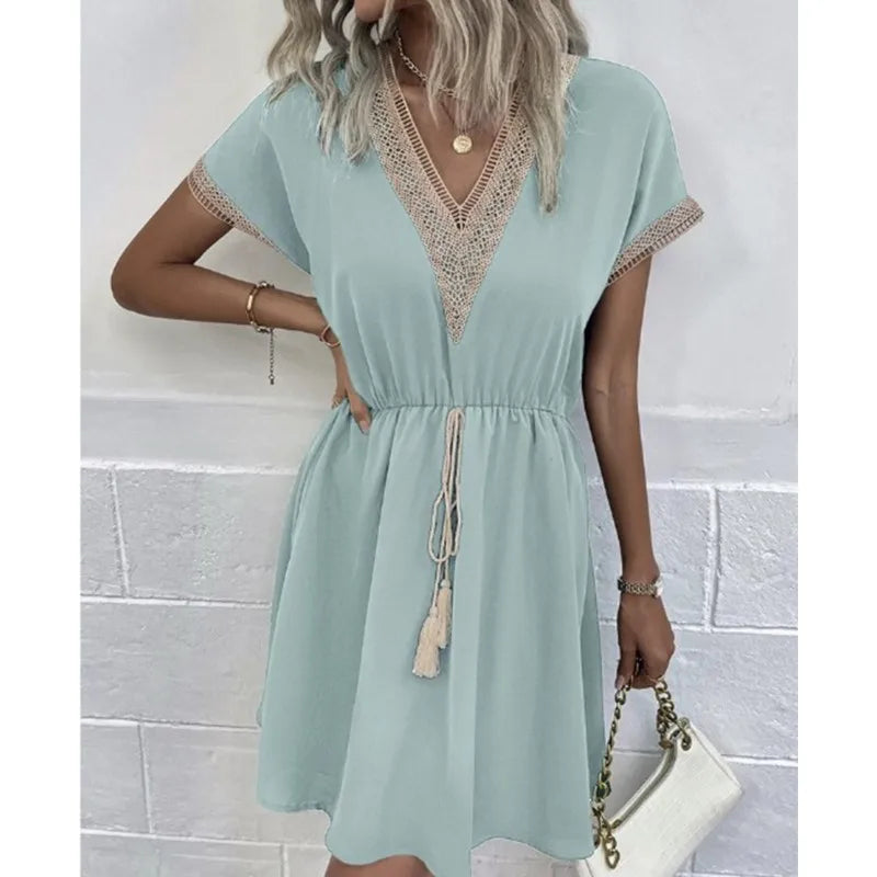 Lace VNeck Panel Short Sleeve Midi Dress