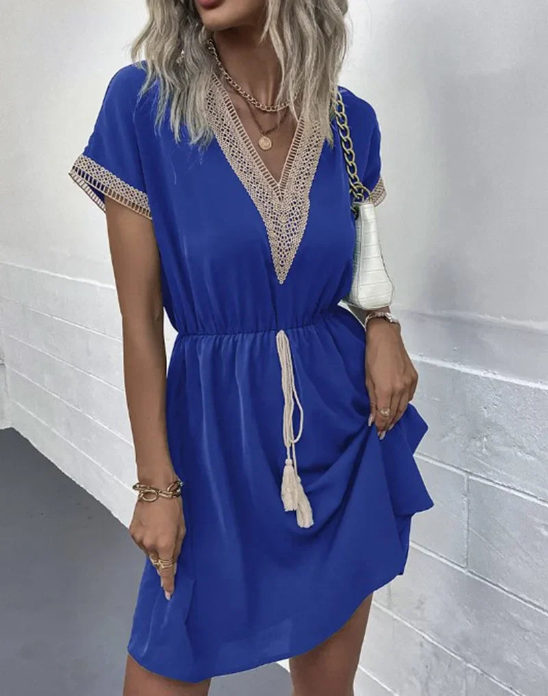 Lace VNeck Panel Short Sleeve Midi Dress