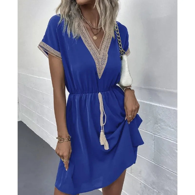 Lace VNeck Panel Short Sleeve Midi Dress