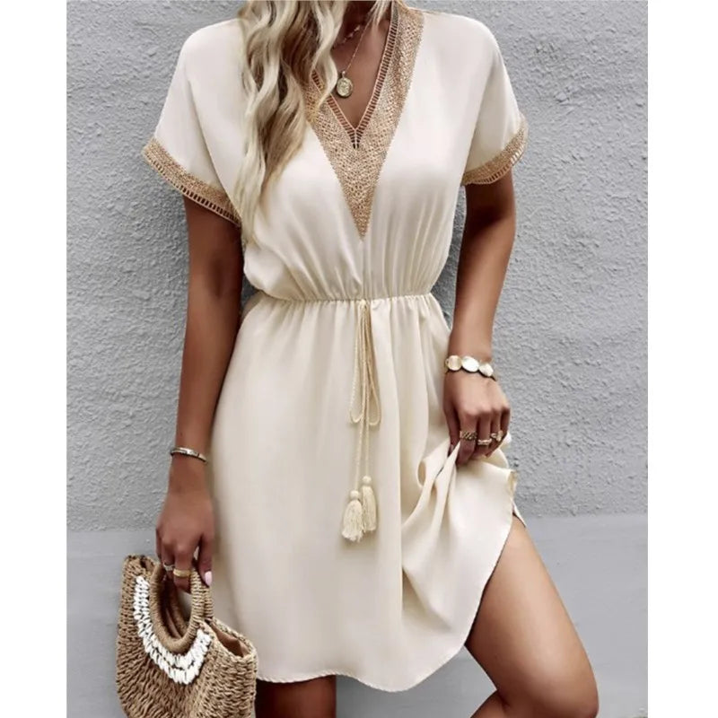 Lace VNeck Panel Short Sleeve Midi Dress