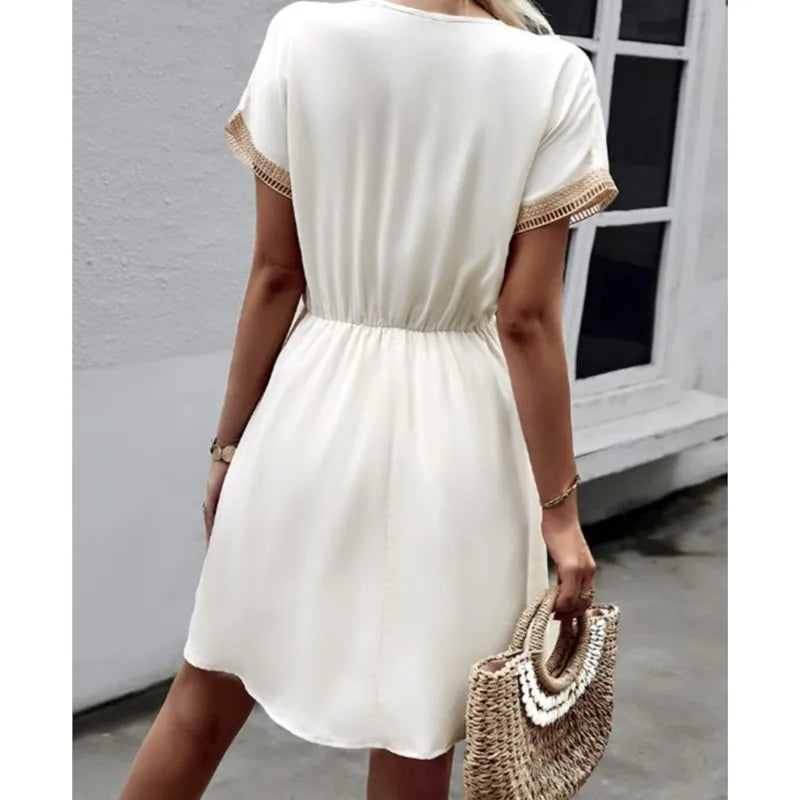 Lace VNeck Panel Short Sleeve Midi Dress