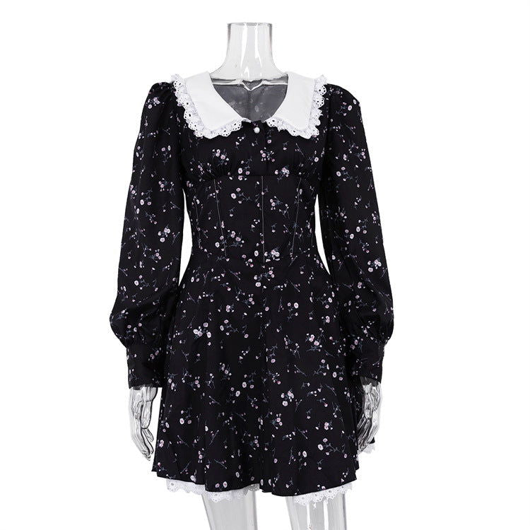 Long Sleeve Floral Short Dress Design Doll Collar Tight Waist A line Dress