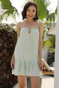 Striped Bowknot Spaghetti Straps Ruffled Dress - Mislish
