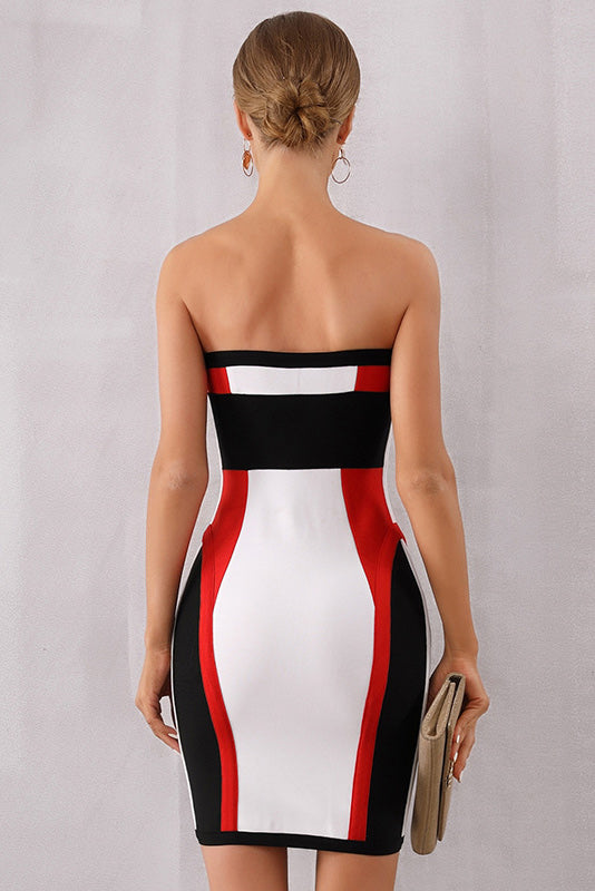 Striped Color-block Strapless Zip Front Bandage Dress