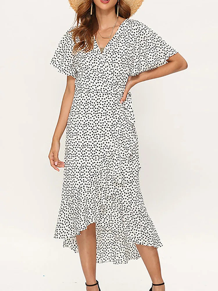 Summer Beach Floral Boho Chiffon Ruffles Wrap VNeck Split Robe Femme Midi Dresses