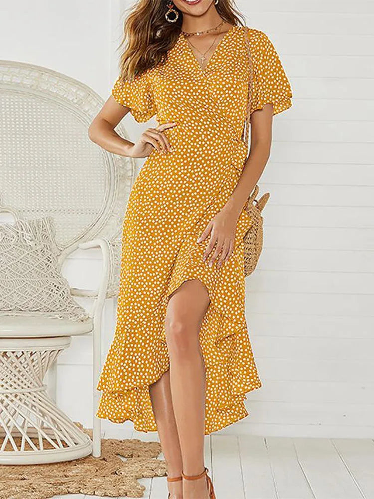Summer Beach Floral Boho Chiffon Ruffles Wrap VNeck Split Robe Femme Midi Dresses
