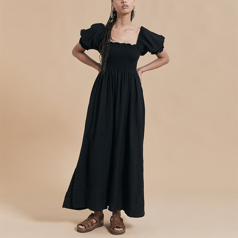 Summer Dresses For Women Square Neck Smocked Short Puff Sleeve Vacation Beach Style
