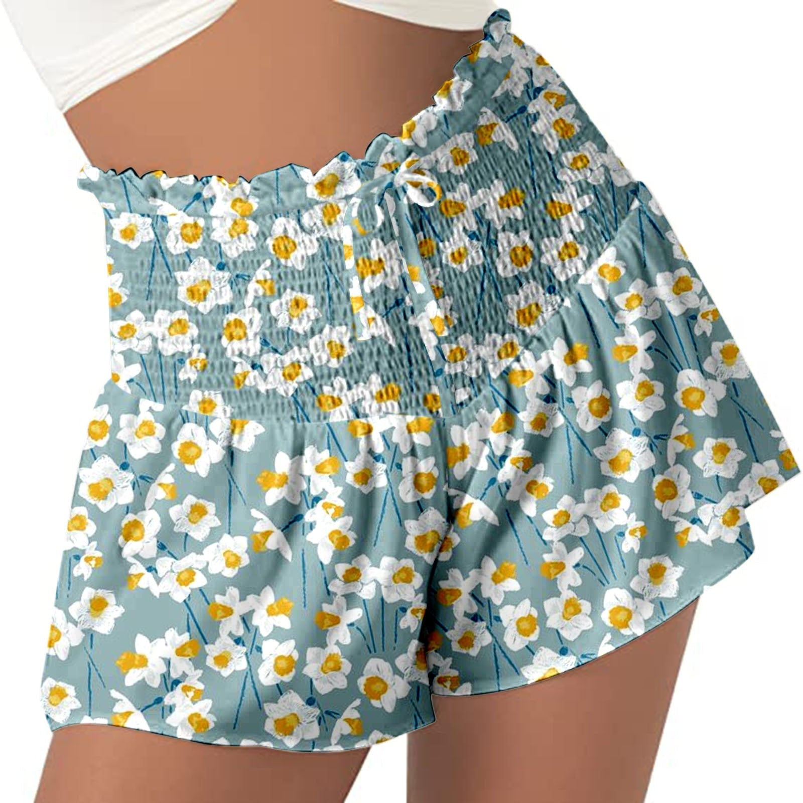 Women High Waist Loose Shorts Sports Drawstrings Floral Print Beach Shorts