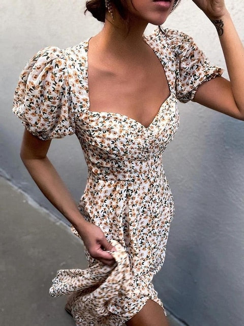 Midi Dress Vintage Floral Print Split Blue Sundress Elegant Party Beach Dress