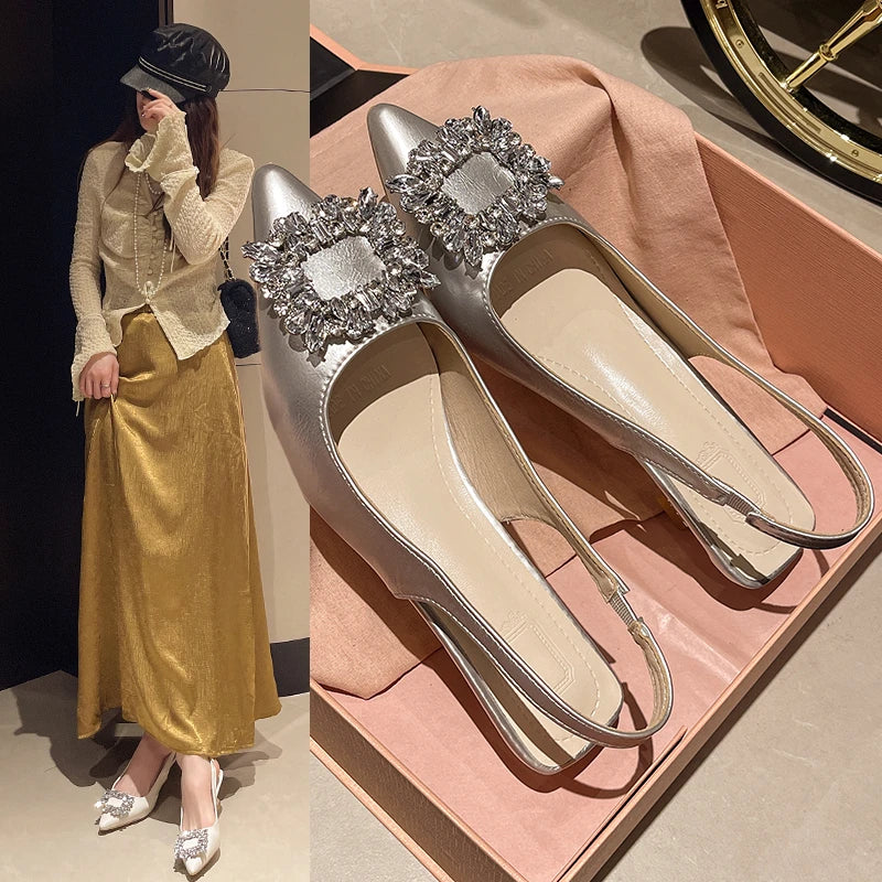 New Women's Pointed Toe Shal Nude Pink Diamond Back Strappy Dress Shoes Low Heel Pumps