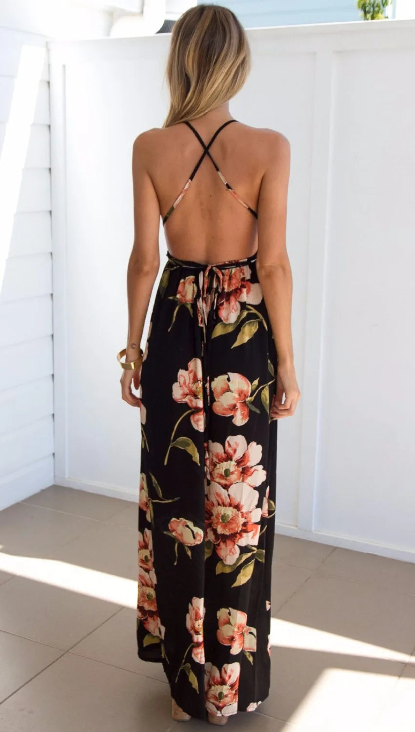 Summer Floral Pleated Backless Robe Evenning Midi Dresses