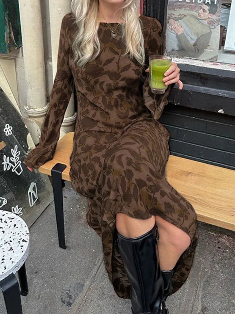 New Street Slim Retro Print High Waist Femme Bodycon Maxi Dress