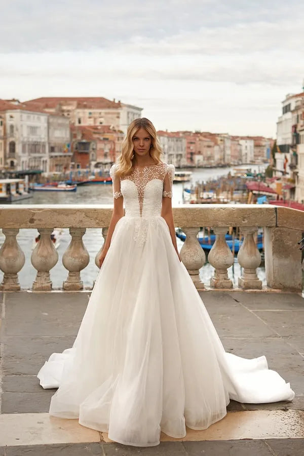 Elegant A-Line Wedding Dress Women Open Back V-Neck Lace Tulle Bridal Gown Vestidos De Noiva Customized